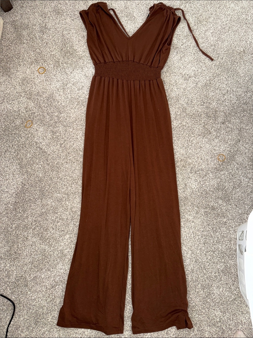 Zaful Chocolate Brown Smocked-Waist Wide Leg Jumpsuit
